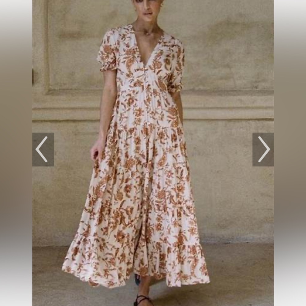 Kivari Ophelia Cream/Brown Paisley Shortsleeve Button Medium Maxi Dress Tiered